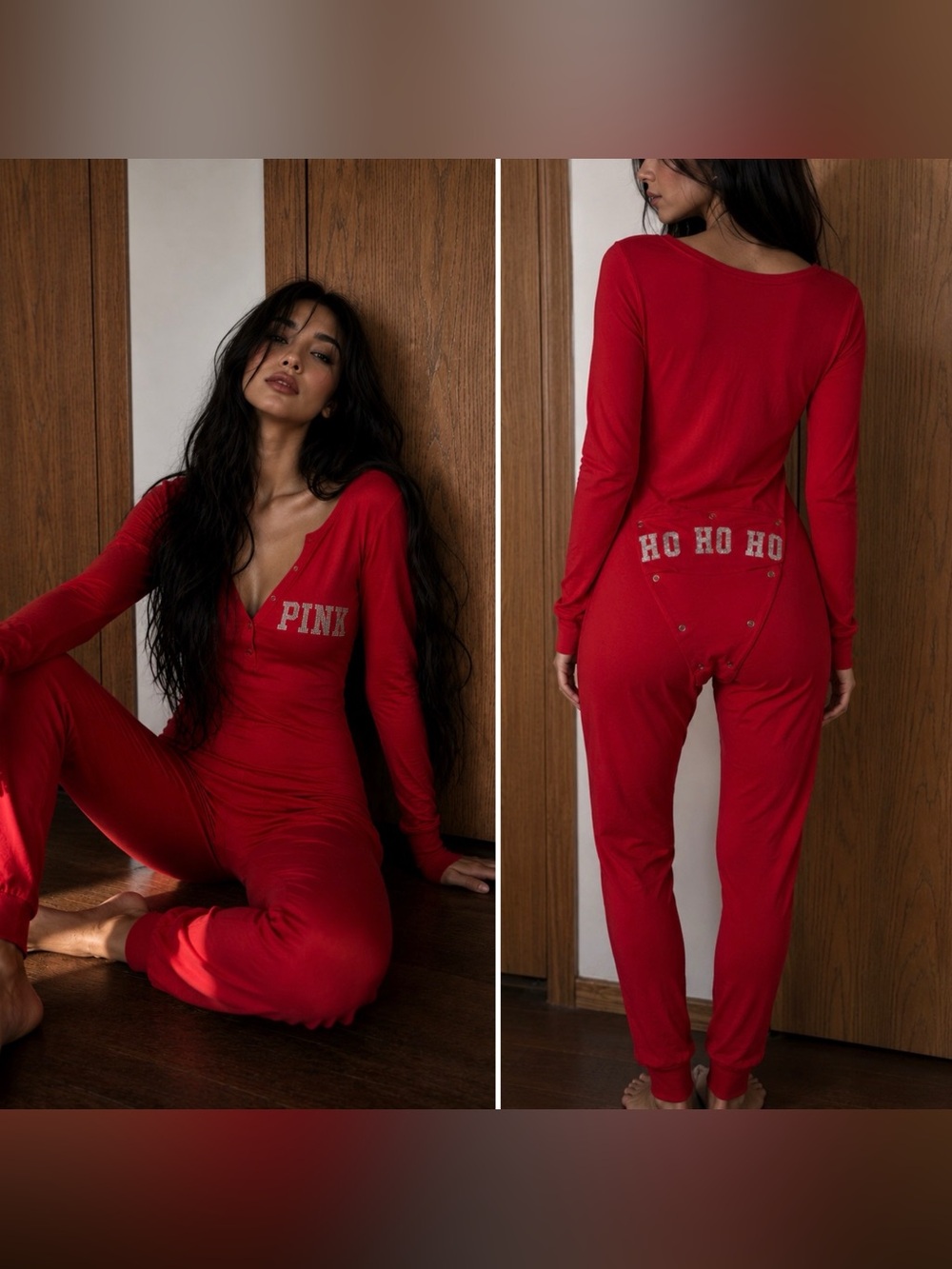 Rare 'Ho Ho Ho' Victoria's Secret PINK Women's Red One-Piece Pajama Jumpsuit